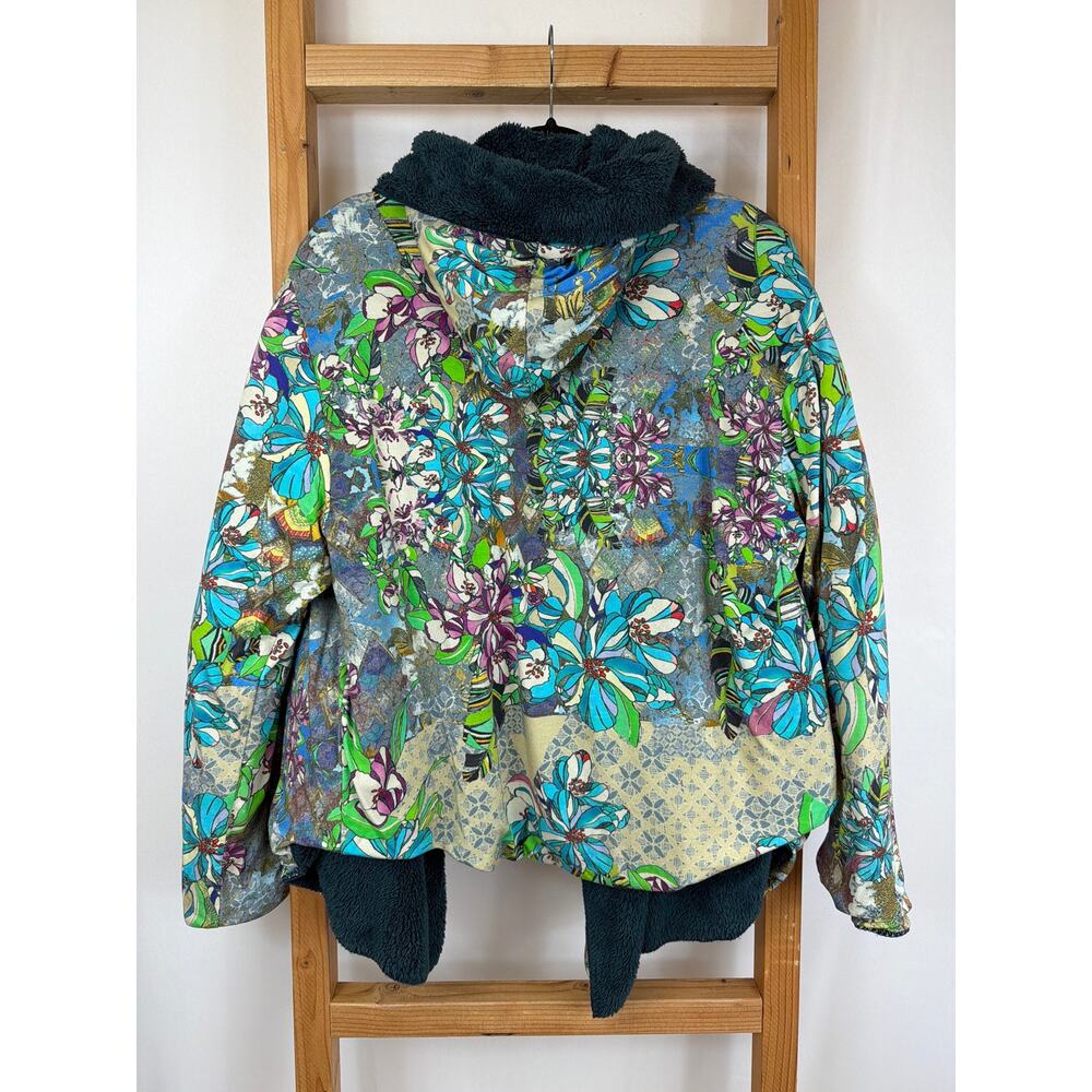 Johnny Was Reversible Fuzzy Floral Hooded Open Front Jacket Women’s XL Artwear - Picture 12 of 13